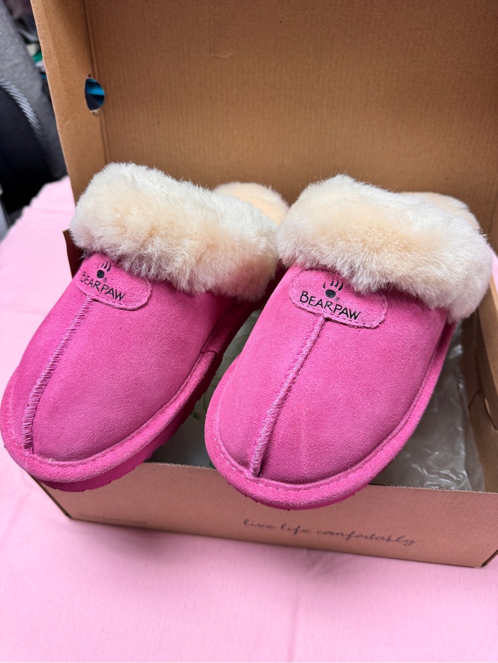 BearPaw Hot Pink Suede Shearling Mule Slippers